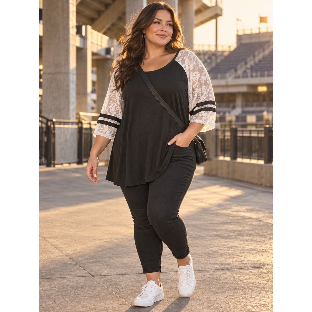 Torrid Black White Floral Lace Football Tee Plus Sz 5 Varsity Raglan Athleisure